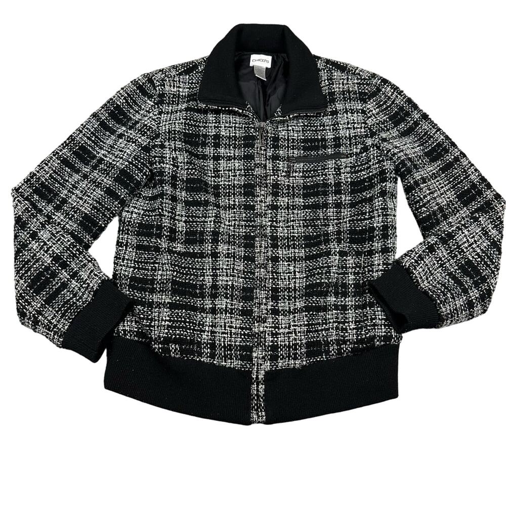 Chico's Tweed Bomber Jacket Womens Size 1‎ Black White Excellent Metallic Zip